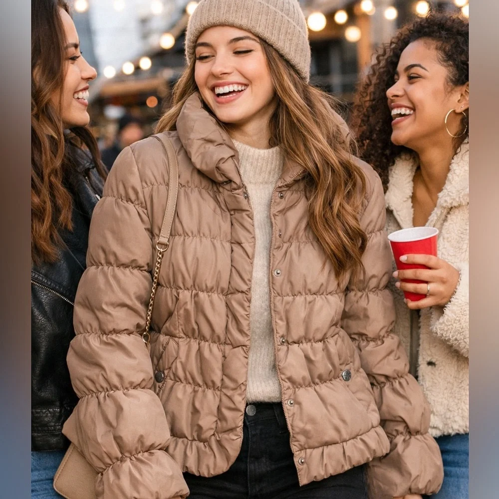 Nine West Taupe Puffer Jacket | Women’s Small | Chic High Collar - Picture 1 of 5